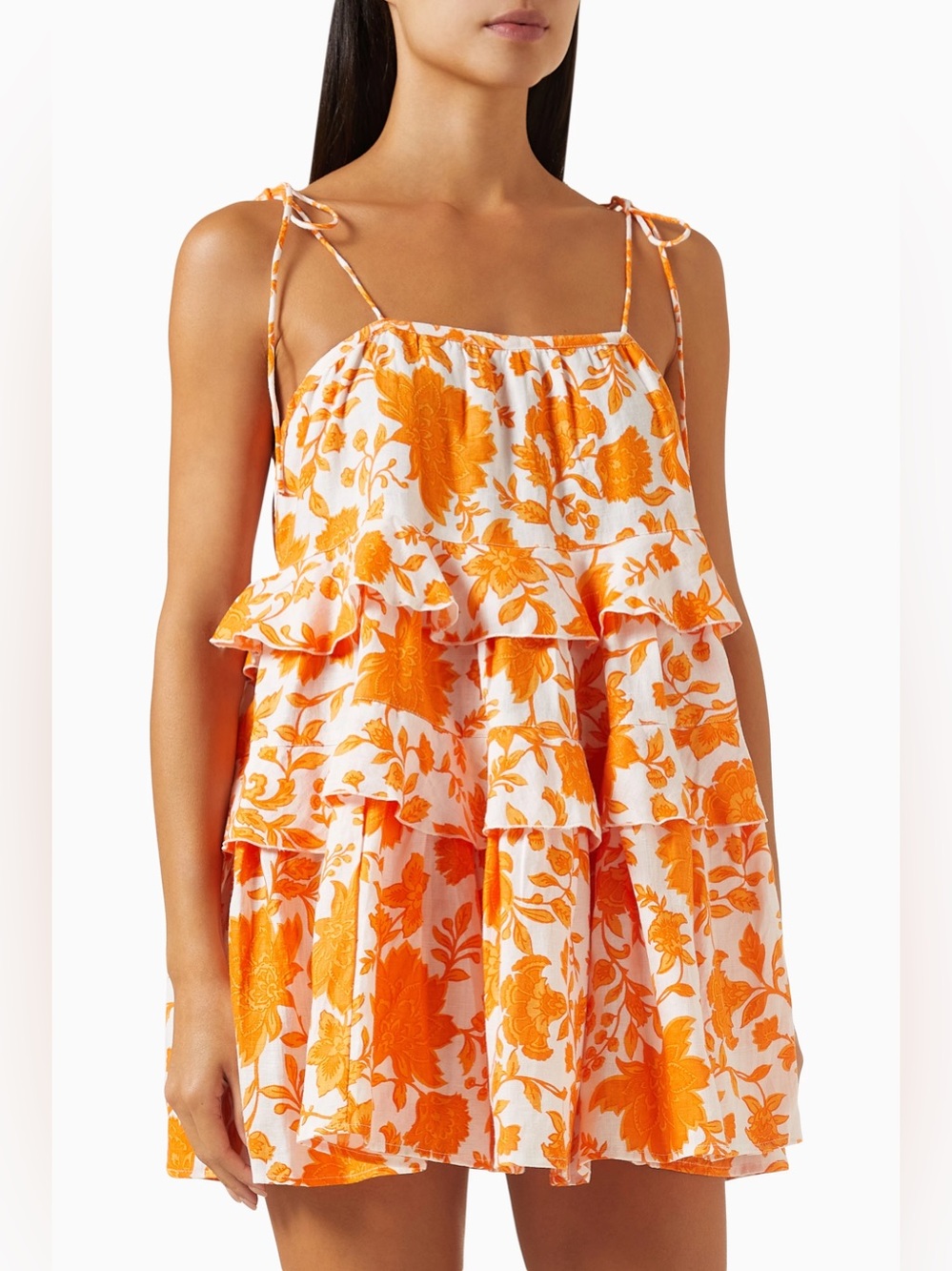 NWOT Morton Mac Orange Astrid Tiered Mini Dress in Linen